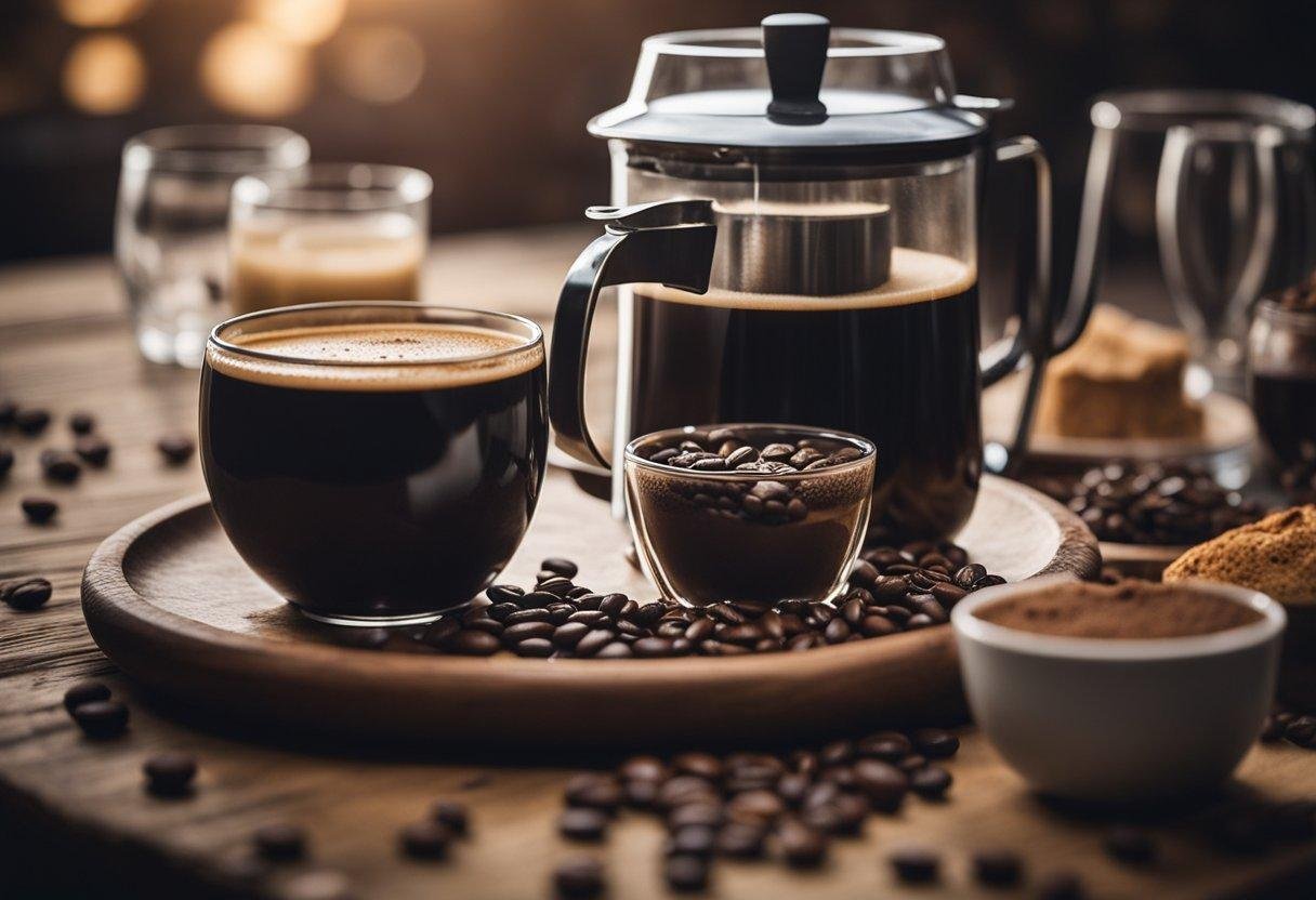 A gibraltar coffee sits on a rustic wooden table, surrounded by various coffee beans, milk, and different sized glassware. Steam rises from the rich, dark brew, creating an inviting and cozy atmosphere