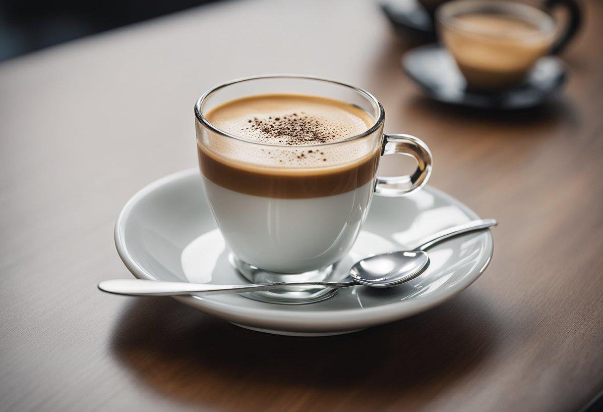A small glass filled with equal parts espresso and steamed milk, resting on a saucer. A spoon is placed next to the glass