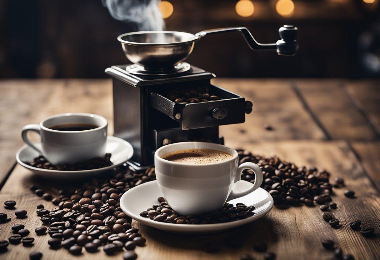 A steaming cup of Gibraltar coffee sits on a rustic wooden table, surrounded by scattered coffee beans and a vintage coffee grinder