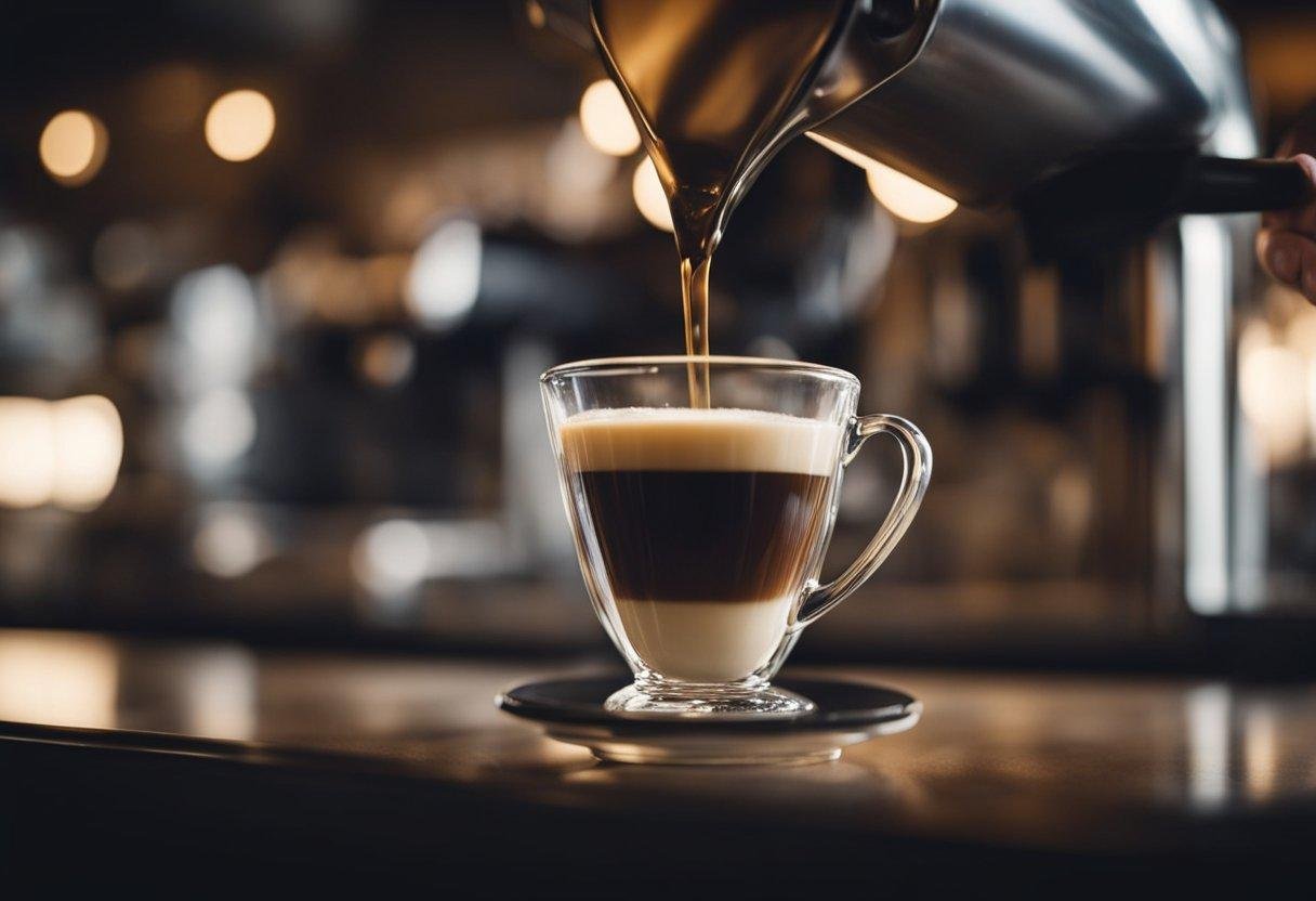Steam rises from a small glass cup filled with rich, dark gibraltar coffee. A barista carefully pours the espresso over a layer of foamy milk, creating the perfect brew