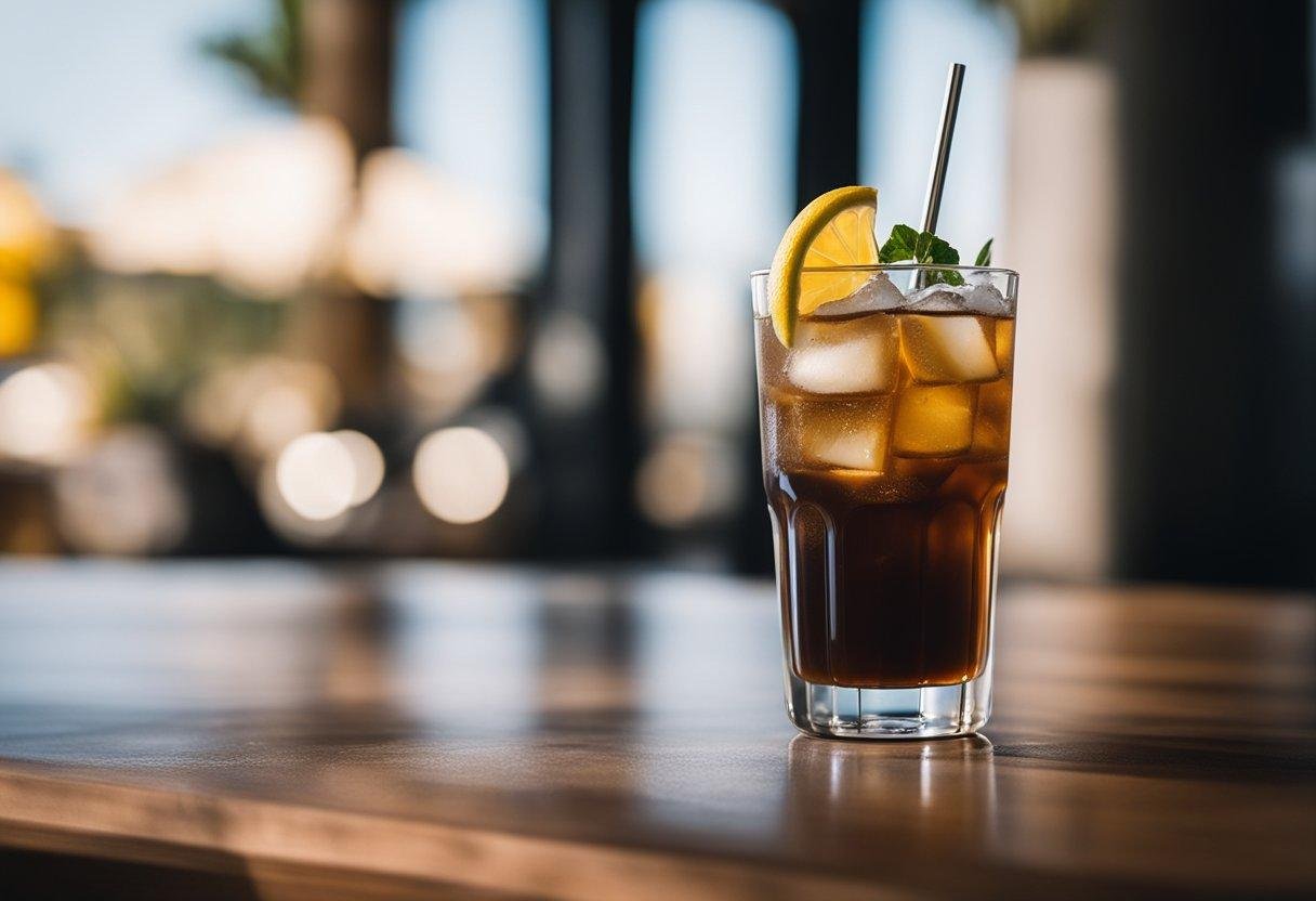 A clear glass of iced americano sits on a wooden table, with a straw and a slice of lemon on the rim