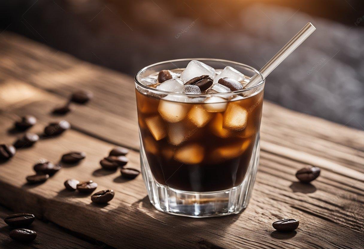 A clear glass with iced americano, surrounded by coffee beans and a sleek metal straw, sitting on a rustic wooden table