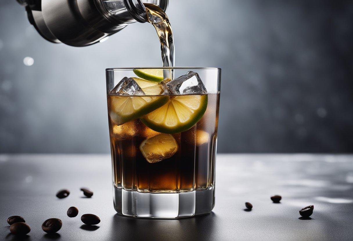 A glass filled with ice, pouring espresso over it, followed by cold water, and a stir. Garnish with a lemon twist