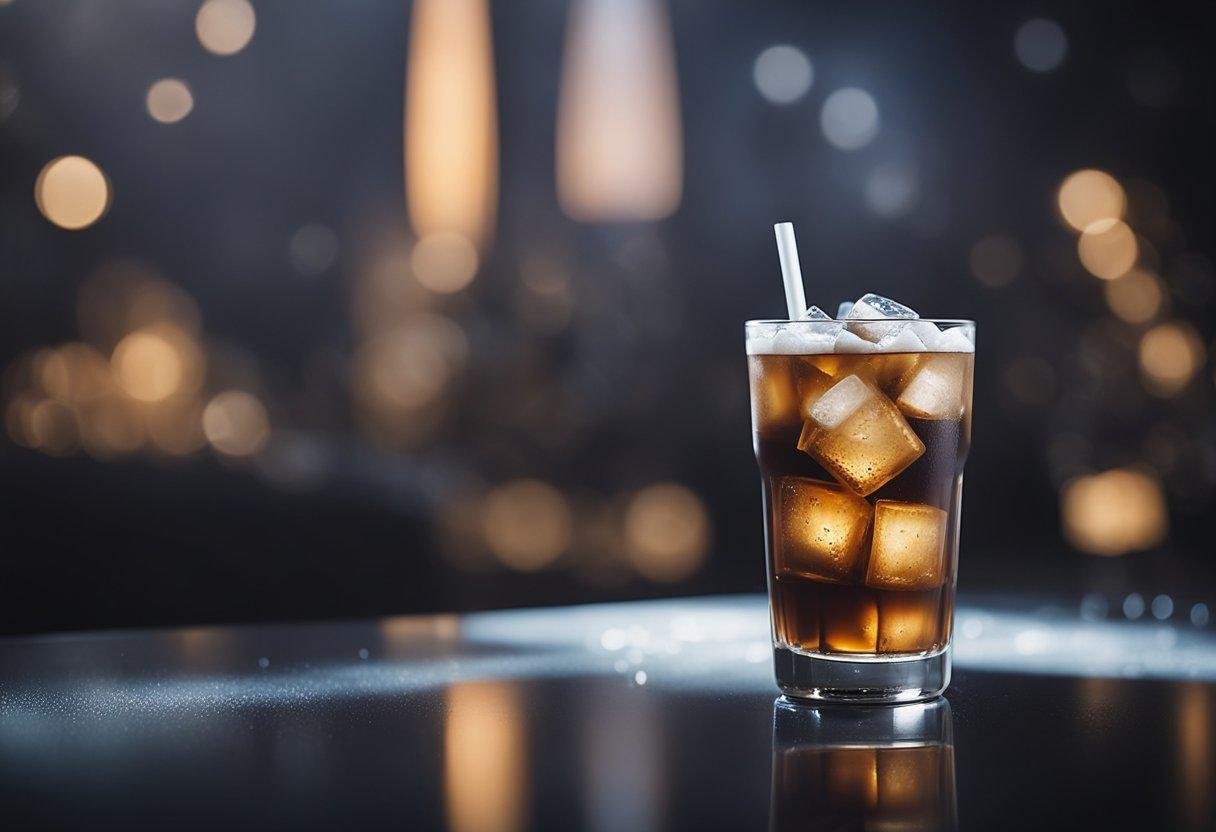 A glass filled with iced americano, condensation forming on the outside. A few ice cubes float on the dark liquid, with a straw sticking out