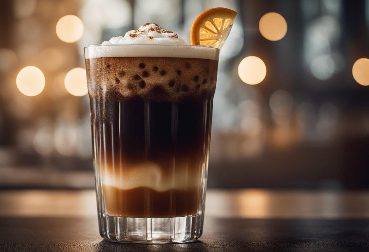 A tall glass filled with iced americano, topped with a layer of frothy crema, condensation on the glass, and a single straw