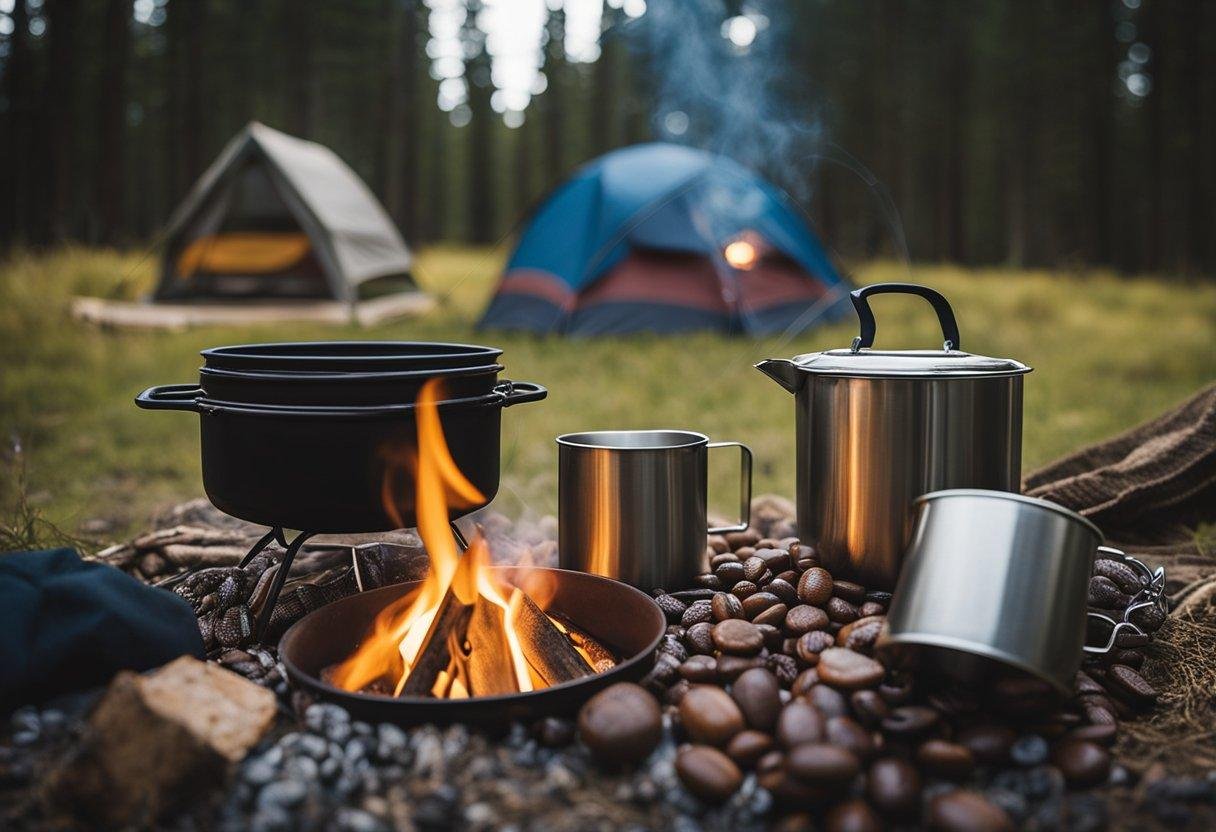 A campfire with a metal pot brewing coffee beans over the flames, surrounded by camping gear and travel mugs