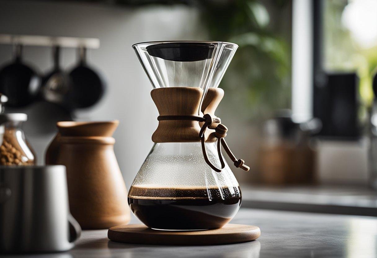 A Chemex sits on a clean kitchen counter. Freshly ground coffee is being poured into the top, while hot water is slowly being poured over the grounds