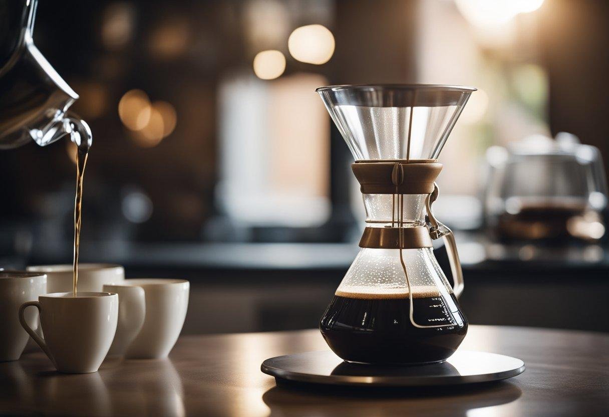 A glass carafe sits on a scale, with a paper filter and ground coffee inside. Hot water is being poured over the coffee in a circular motion, as it drips into the carafe below