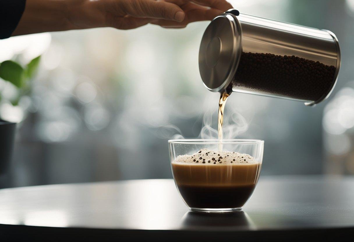 A hand pours hot water over ground coffee in a glass container, stirs, then covers with a lid and waits for a few minutes before pressing down a mesh filter to separate the grounds from the liquid