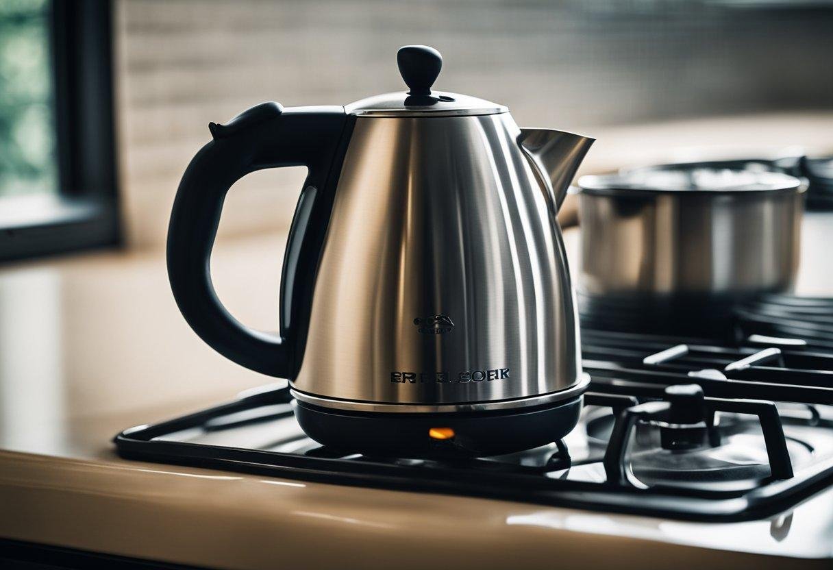 A kettle boils on a stovetop. A coffee filter sits atop a mug. Ground coffee and hot water nearby