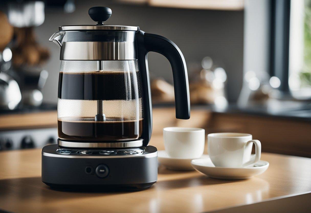 A kettle boils water on a stovetop. Ground coffee sits in a French press. A timer ticks