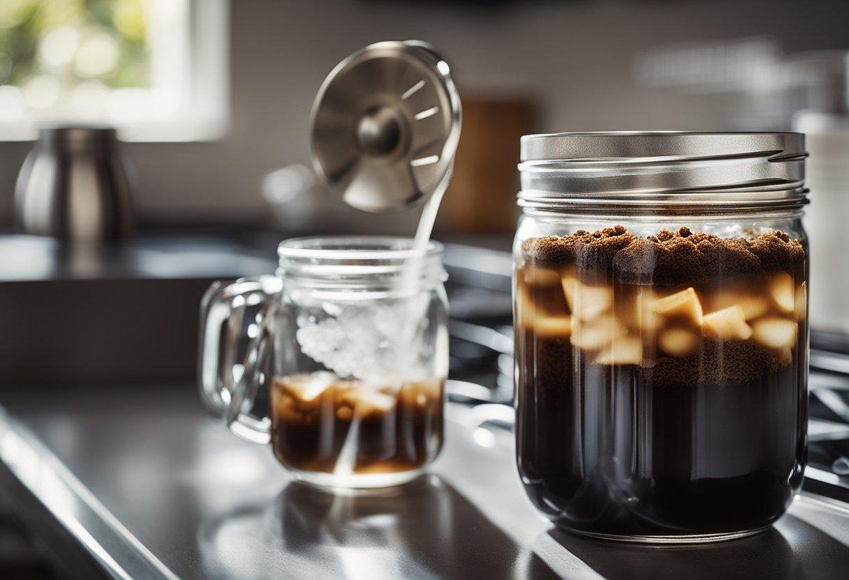 A mason jar filled with coarse coffee grounds steeping in cold water for 12 hours on a kitchen counter, next to a strainer and a glass filled with ice