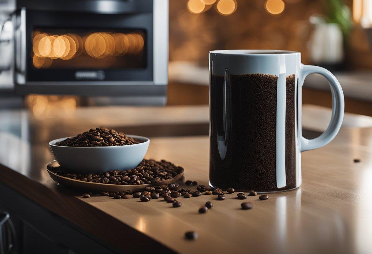 A mug with coffee grounds, water, and a microwave. A handless process, with the mug being placed in the microwave and then removed